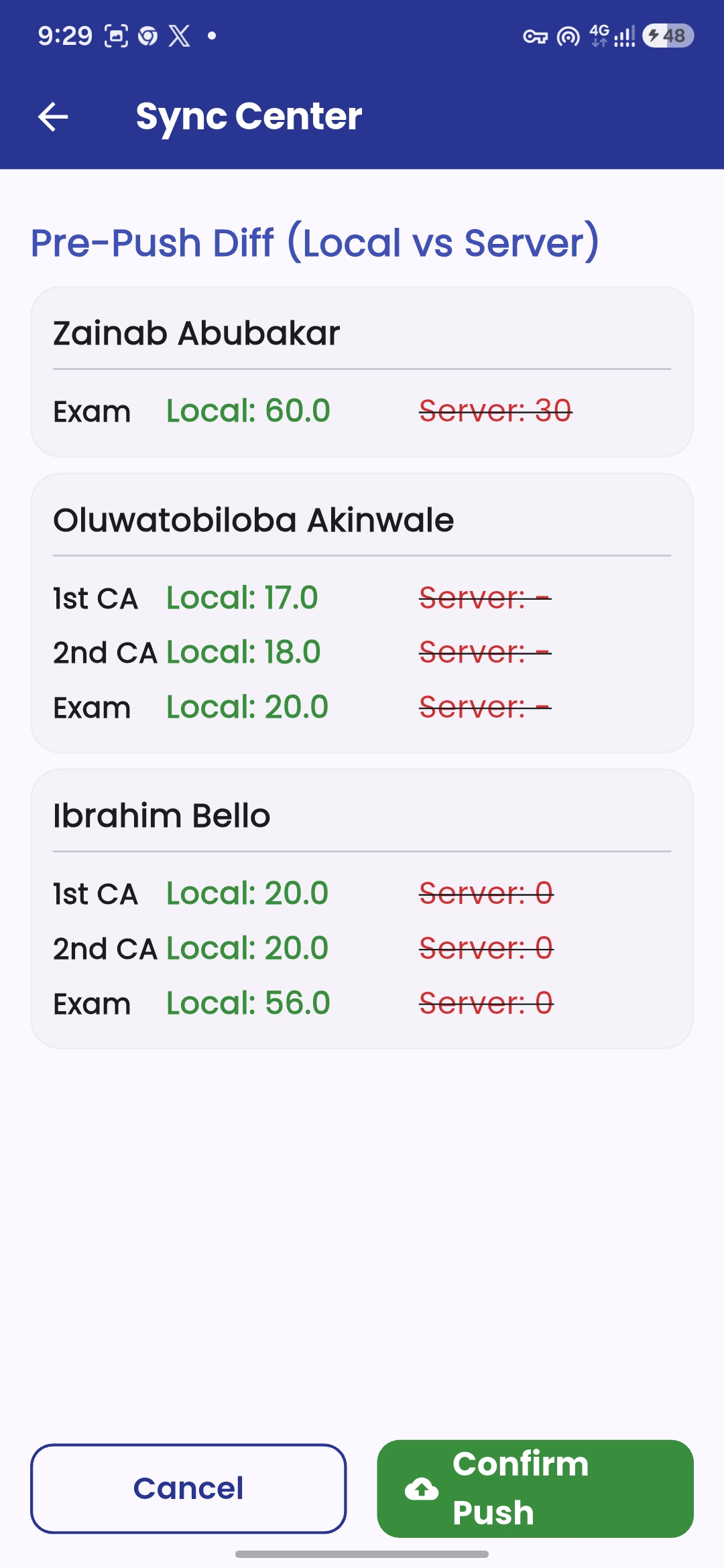 MSMS mobile local-to-cloud synchronisation screen
